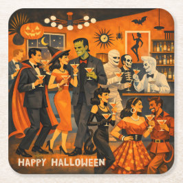 Mid Century Modern Halloween Martini-fest Underlägg Papper Kvadrat