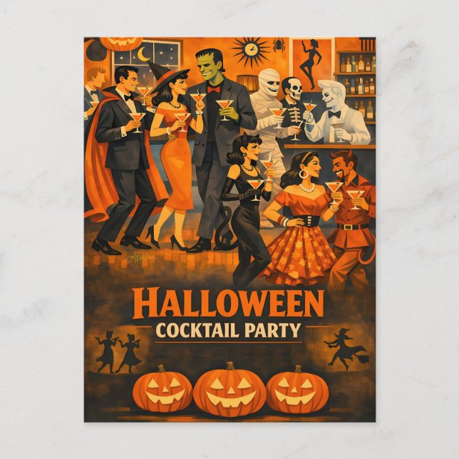 Mid Century Modern Halloween Martini-fest Vykort (Framsida)