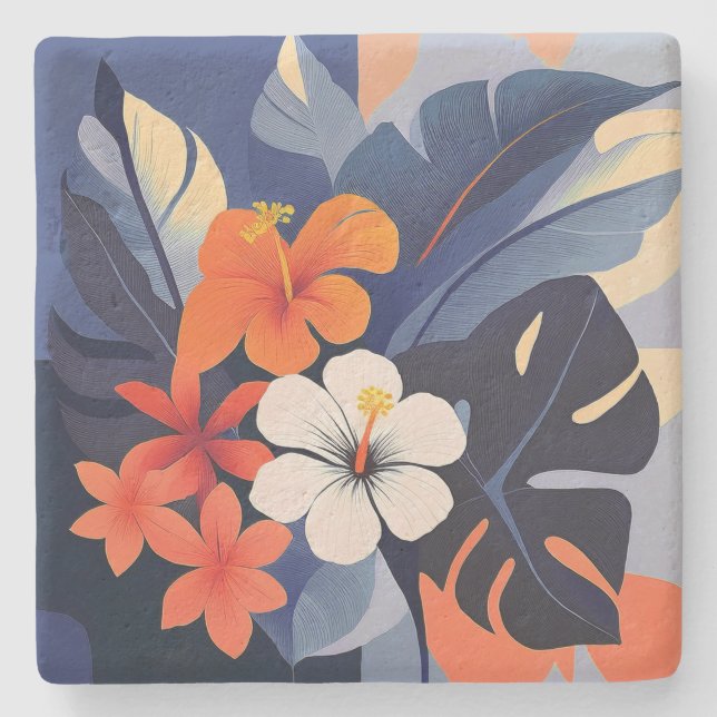 Mid-Century Modern Hawaiian Hibiscus and Plumeria Stenunderlägg (Framsidan)