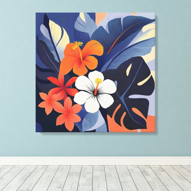 Mid-Century Modern Hawaiiansk Hibiskus och Plumeri Canvastryck (Insitu (trägolv))