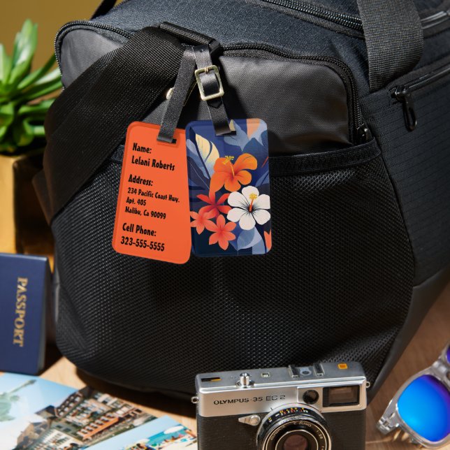Mid-Century Modern Hawaiianska Hibiskus och Plumer Bagagebricka (Fram & Baksida)