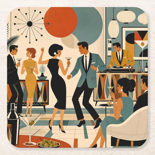 Mid Century Modern Hip Martini Dansfest Underlägg Papper Kvadrat (Framsidan)