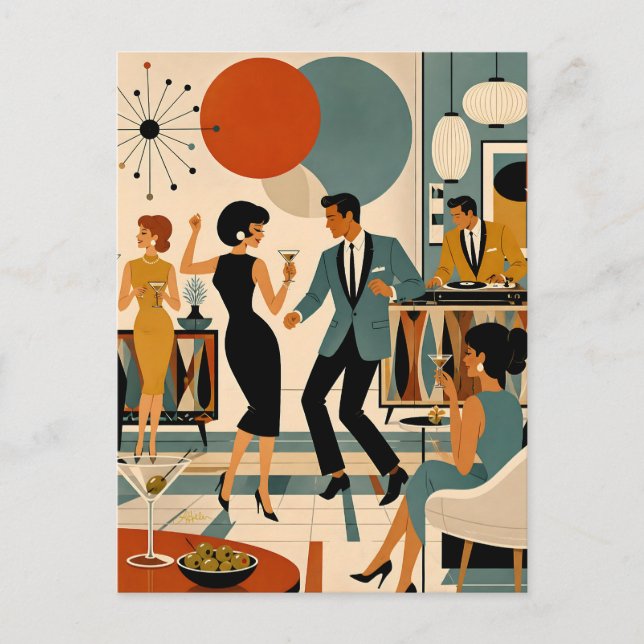 Mid Century Modern Hip Martini Dansfest Vykort (Framsida)