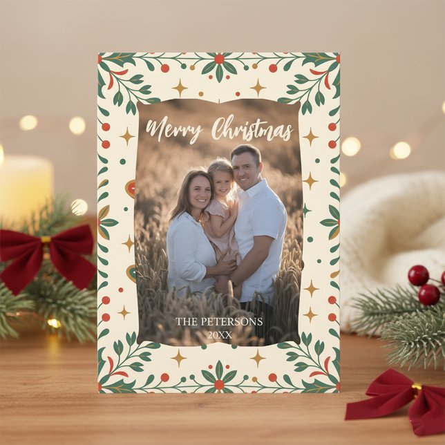 Mid-Century Modern Holly Photo Family Holiday Kort (Skapare uppladdad)