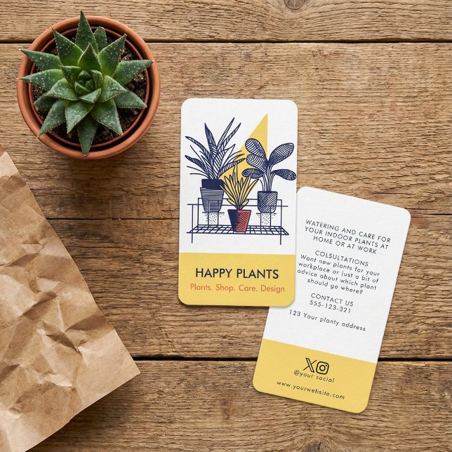 Mid Century Modern Husväxt Gul och Blå Visitkort (Mid Century Modern House Plant Yellow and Blue Business Card.)