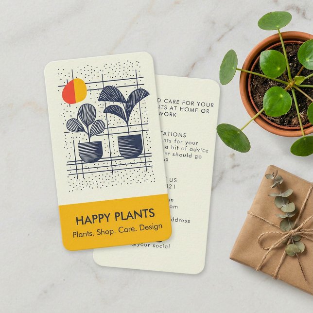 Mid-Century Modern Husväxt Gul och Marinblå Visitkort (Mid-Century Modern House Plant Yellow and Navy Business Card.)