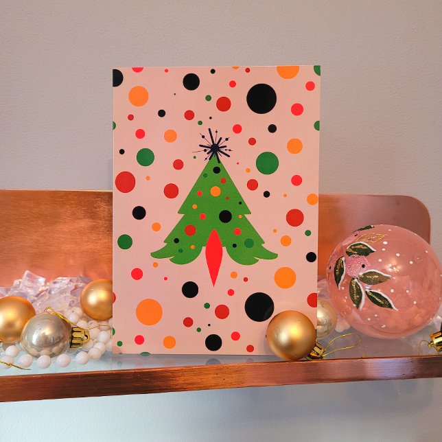Mid Century Modern Julgran Retro Rocket Helgkort (Mid Century Modern Retro Atomic Rocket Christmas Card Front View)