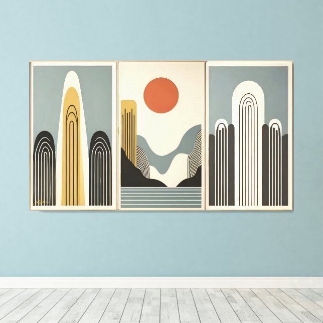 Mid Century Modern konst Bergsjösoluppgång Canvastryck (Insitu (trägolv))