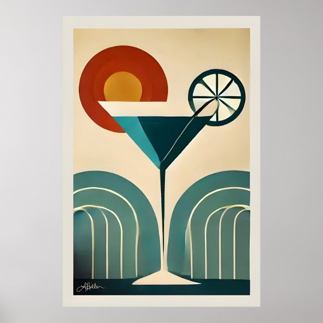 Mid Century Modern konst Bergssoluppgång Martini Poster (Framsidan)