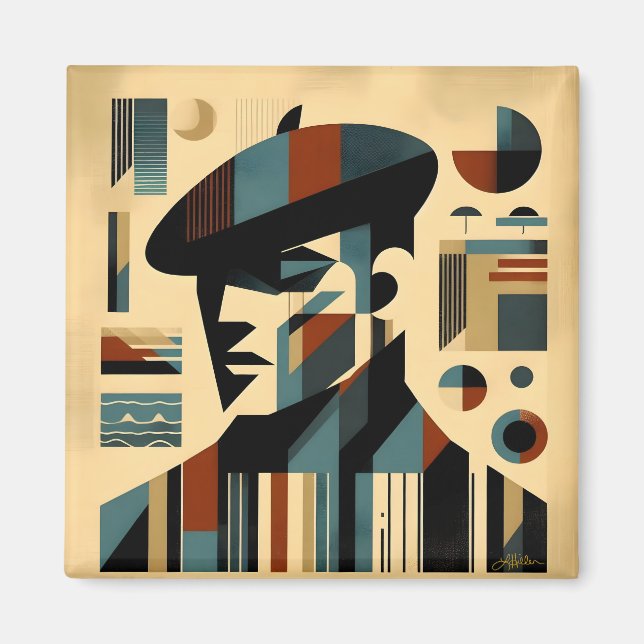 Mid Century Modern konst Man som bär en Basker Magnet (Framsidan)