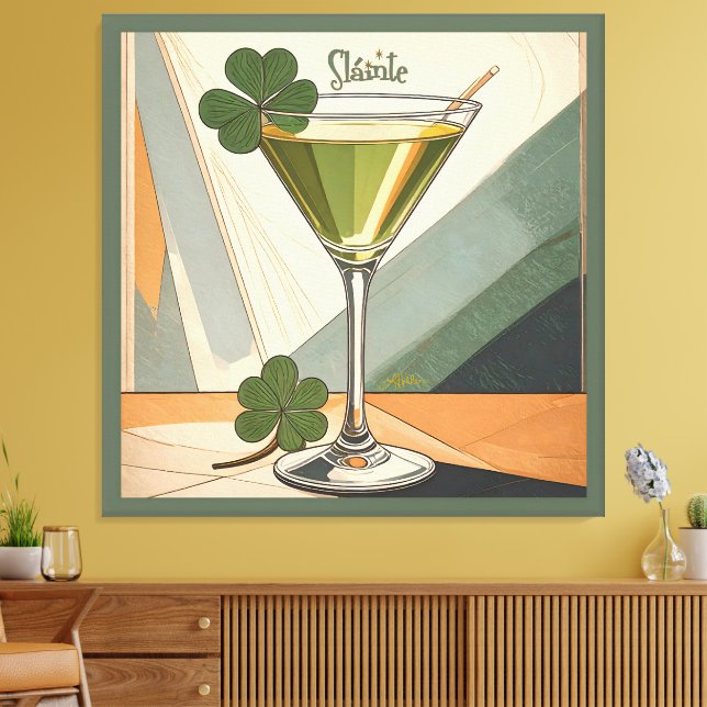 Mid Century Modern konst Shamrock Martini Sláinte! Canvastryck (Insitu (Vardagsrum))
