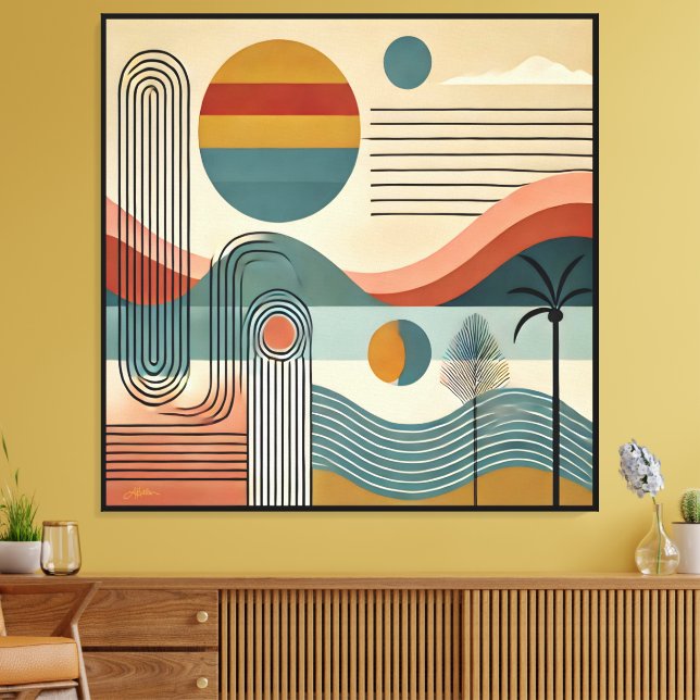 Mid Century Modern konst Strand Soluppgång  Canvastryck (Insitu (Vardagsrum))