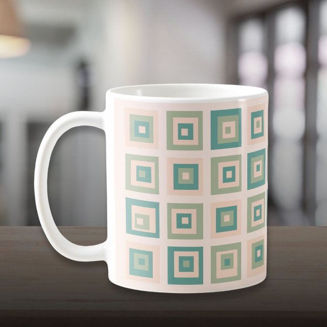 Mid Century Modern Krämgrön Fyrkantig Mönster Kaffemugg (Mid Century Modern Cream Green Squares Pattern Coffee Mug)