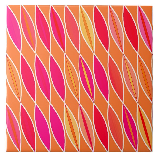 Mid Century Modern Lövs, Fuchsia Rosa och Orange Kakelplatta (Framsidan)