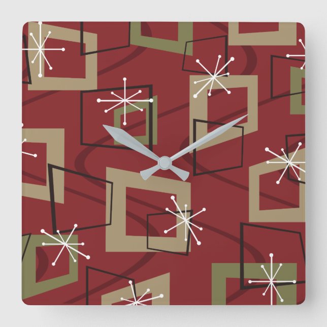 Mid Century Modern Maroon Fyrkantig Klocka (Framsida)