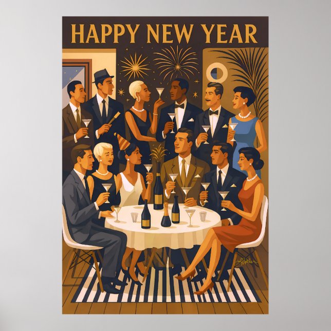 Mid Century Modern Martini Intellektuella Nyår Poster (Framsidan)