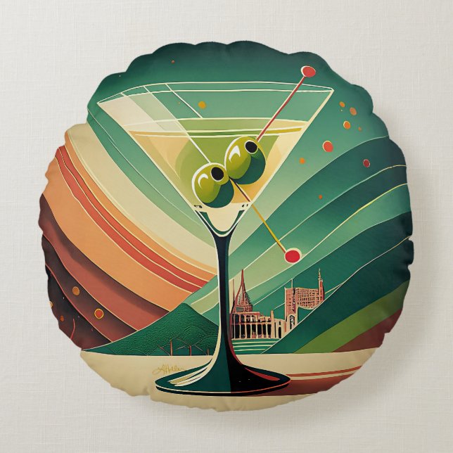 Mid Century Modern Martini Resa Kyrka Utsikt Rund Kudde (Framsidan)
