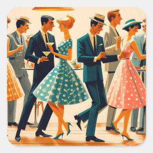 Mid Century Modern Martinis Dancing Cocktail Party Fyrkantigt Klistermärke