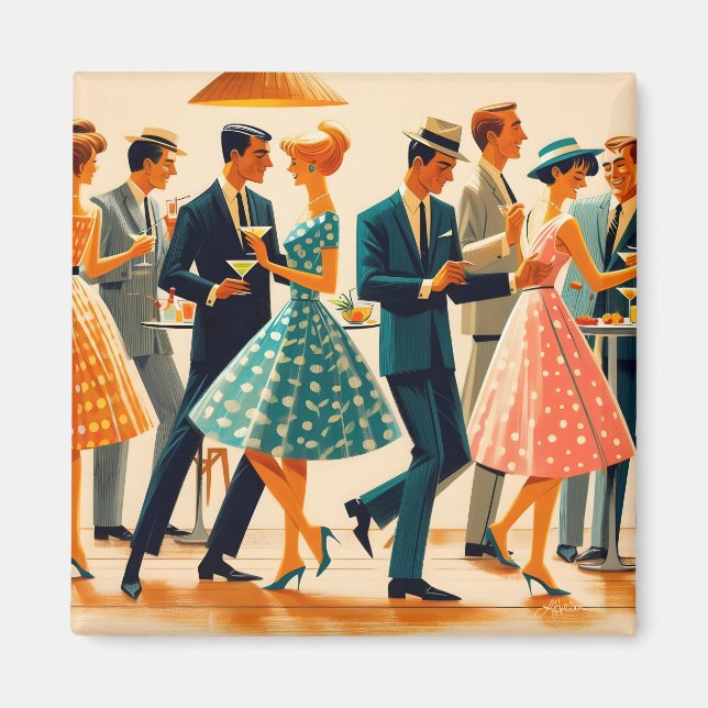 Mid Century Modern Martinis Dancing Cocktail Party Magnet (Framsidan)