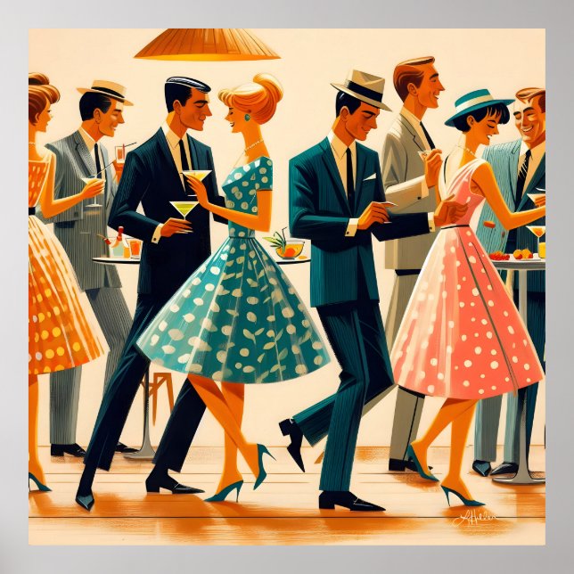 Mid Century Modern Martinis Dancing Cocktail Party Poster (Framsidan)