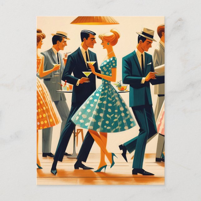 Mid Century Modern Martinis Dancing Cocktail Party Vykort (Framsida)