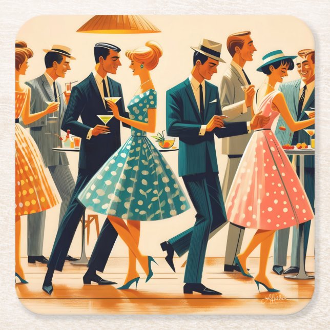 Mid Century Modern Martinis Dansfest Cocktailparty Underlägg Papper Kvadrat (Framsidan)