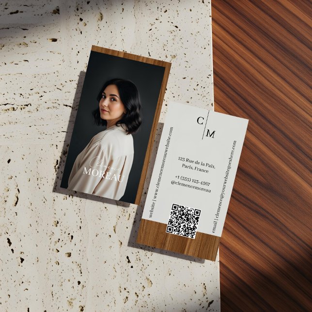 Mid-century Modern Minimal Woodgrain Photo QR Code Visitkort (Mid-century Modern Minimal Woodgrain Photo QR Code Business Card)