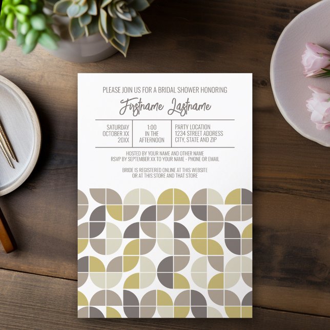 Mid Century Modern Möhippa Guld Grått Taupe Inbjudningar (Mod, Modern Bridal Shower Invitation - Retro Half Moon Pattern Design)