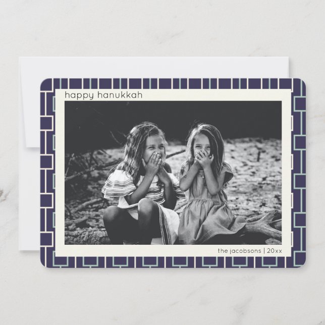 Mid Century Modern Mönster i Blue Hanukkah Photo Julkort (Framsida)