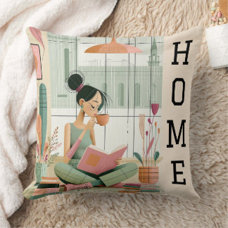 Mid Century Modern Mysig Tjej Läsande Bok Hemma Kudde