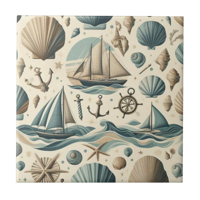 Mid Century Modern Nautiska Fartyg Kakelplatta (Framsidan)