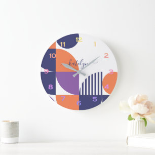 Mid Century Modern Navy Blue Orange Mönster Stor Klocka