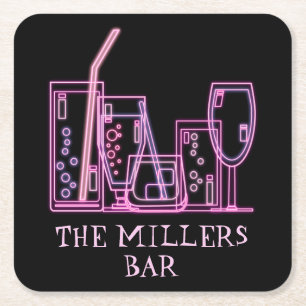 Mid Century Modern Neon Cocktail Bar Namn Underlägg Papper Kvadrat