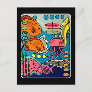 Mid-Century Modern Ocean Aquatic-målning på en Vykort