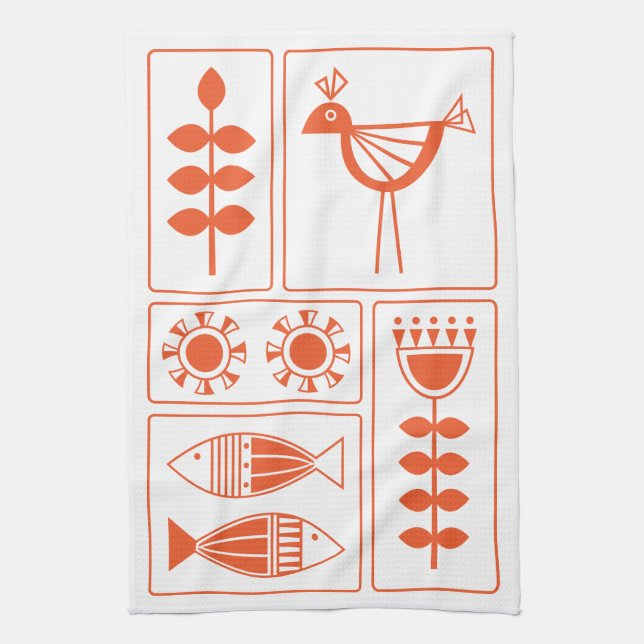 Mid Century Modern Orange Bird, Fish and Flowers K Kökshandduk (Vertikal)