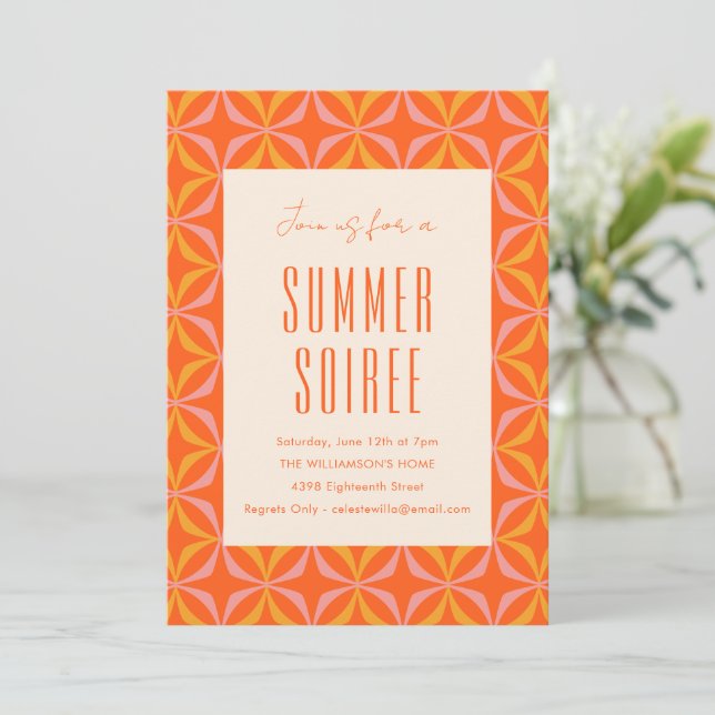 Mid Century Modern Orange Geometric Summer Soiree Inbjudningar (Stående Fram)