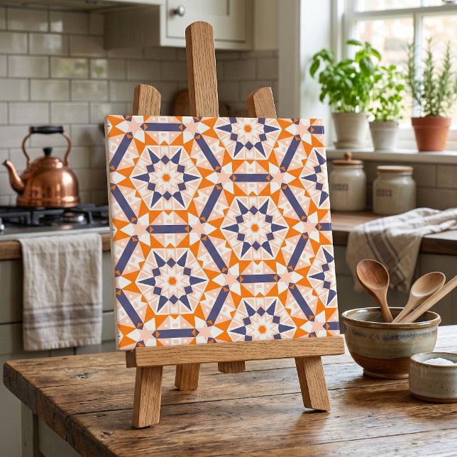 Mid Century Modern Orange Navyblå Geometrisk Stjär Kakelplatta (Skapare uppladdad)