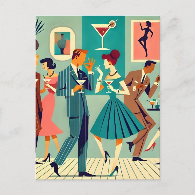 Mid Century Modern Party Martini Dance Vykort (Framsida)