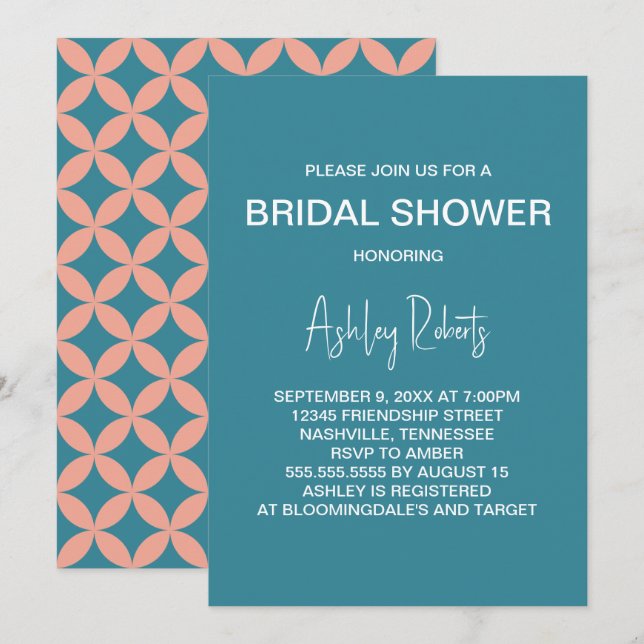 Mid-Century Modern Persika & Blå Mod Bröllopsdusch Inbjudningar (Fram/baksida)