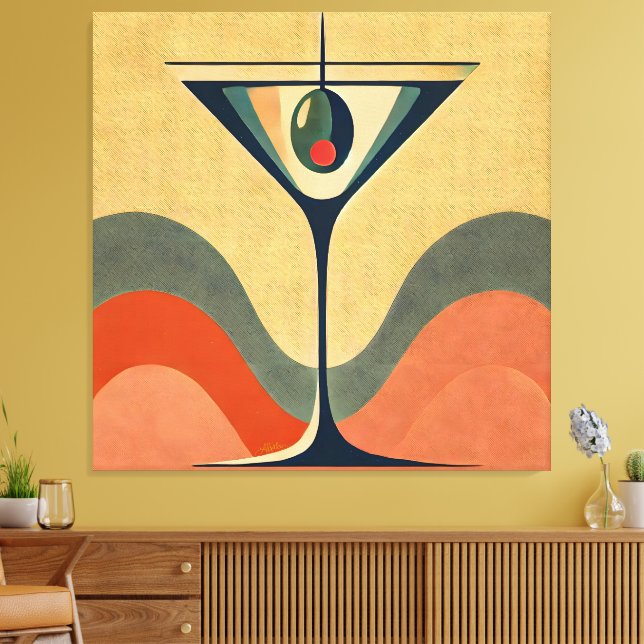 Mid Century Modern "pimento olivmartini wave" Canvastryck (Insitu (Vardagsrum))