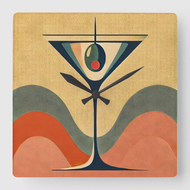 Mid Century Modern "pimento olivmartini wave" Fyrkantig Klocka (Framsida)
