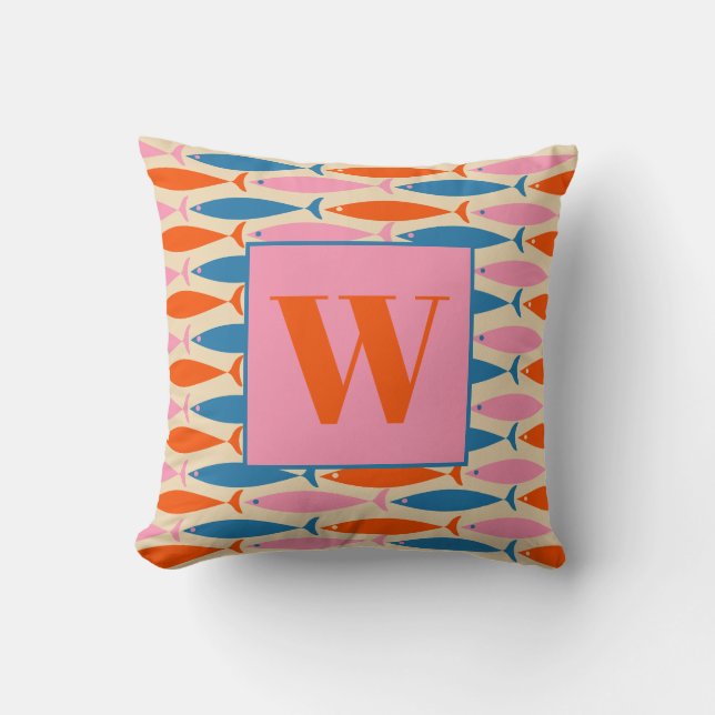 Mid Century Modern Pop Fish Mönster med initial Kudde (Framsida)