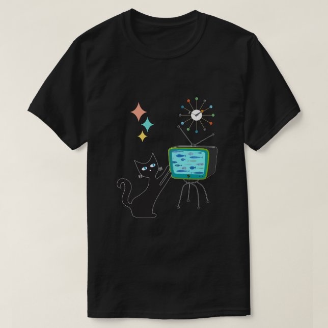 Mid Century Modern Retro Atomic Funny Cat med Fis T Shirt (Design framsida)