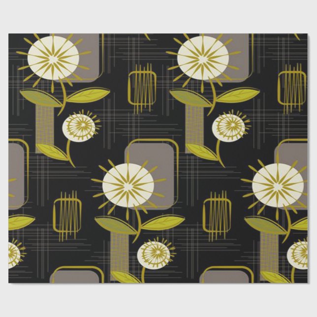 Mid Century Modern, Retro, Blommönster Presentpapper (Platt)