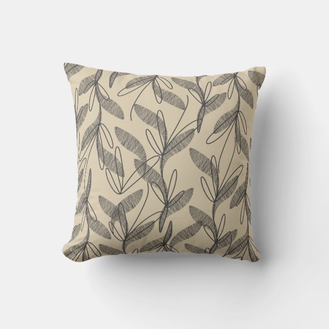 Mid Century Modern Retro Botanical Grått Beige Kudde (Framsida)