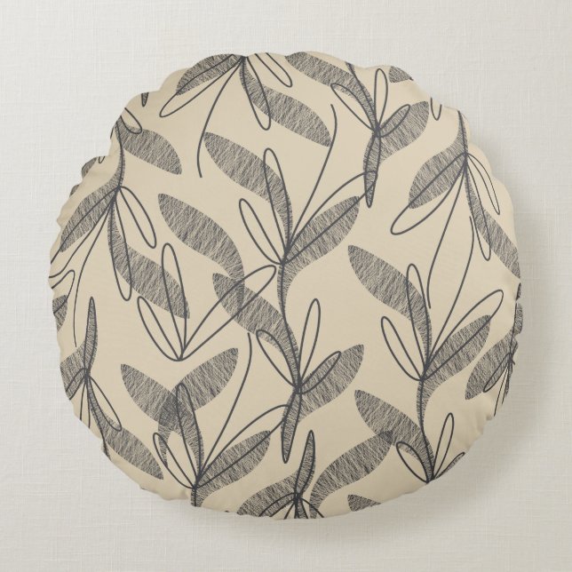 Mid Century Modern Retro Botanical Grått Beige Rund Kudde (Framsidan)