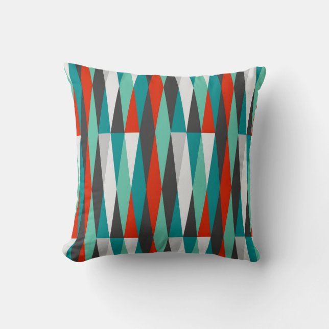 Mid Century Modern Retro Diamant Teal Aqua Röd Kudde (Framsida)