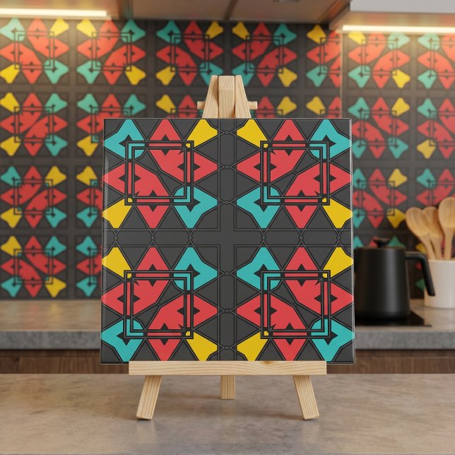 Mid Century Modern Retro Geometrisk Turkos Röd Kakelplatta (Skapare uppladdad)