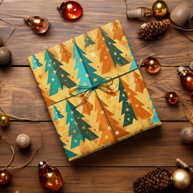 Mid Century Modern Retro Julgranar koppar Presentpapper (Retro mid century modern christmas tree wrapping paper in copper and teal jewel tones.)