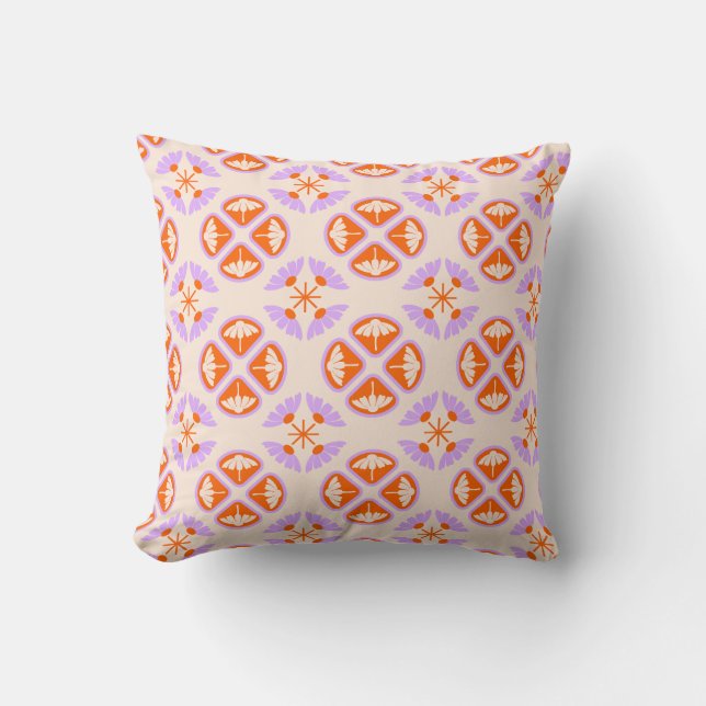 Mid Century Modern Retro Orange och Lavendel Blomm Kudde (Framsida)